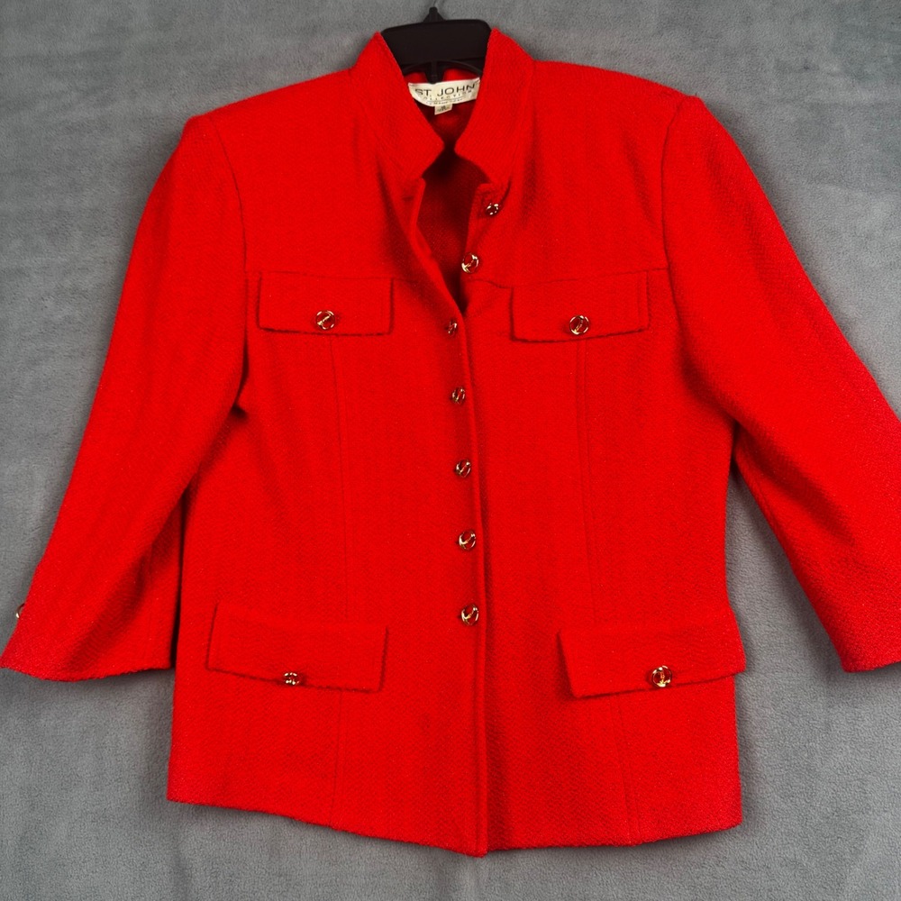 St. John Collection Marie Gray Red Santana Knit Military Jacket Gold Buttons 10